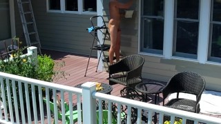 Drone caught naked male outdoors painting in public