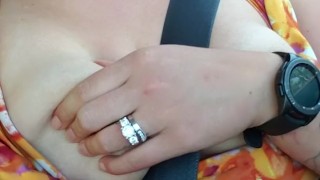 Touching my gorgeous titties on a public road 