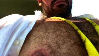 Hairy Muscle Jock Tits and Pumped Nipples in Car