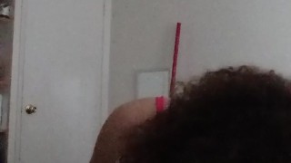 Crossdresser in pink lingerie sucks dildo then cums
