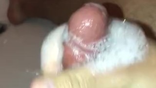 Male masturbation - Cum fountain flowing from my hard soapy dick