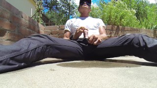 Pissing my grey jeans outdoors and shooting my load