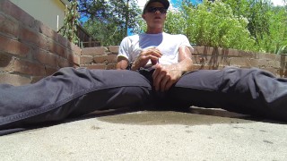 Pissing my grey jeans outdoors and shooting my load