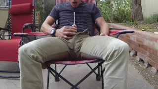 Pissing khaki pants outdoors and eating cum