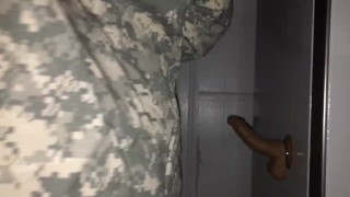Black soldier rides dildo and cums pt 1