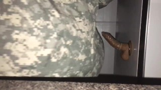 Black soldier rides dildo and cums pt 2