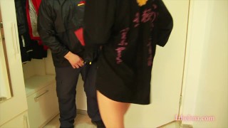 Dick Flash: Asian girl tease and caught DHL delivery guy jerk 