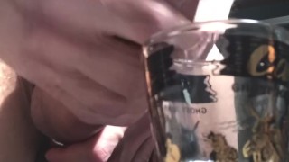 Soft to hard fat cock fills shot glass