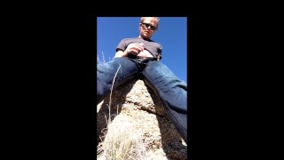 Pissing blue jeans in three public places with an outdoor cumshot