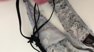 Cumshot (wank) on the wife's last night's Victoria Secrets thong
