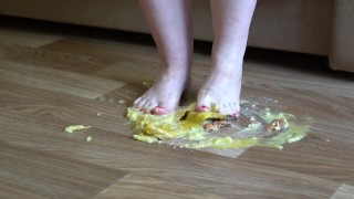 Fat legs bare feet mercilessly trampled banana and raw eggs. Crush Fetish.
