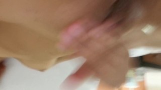 Playing with my wet pussy while daddys takes a shower