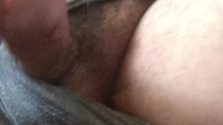 Freeballing Hard Hairy Cock in Thin Gray Shorts