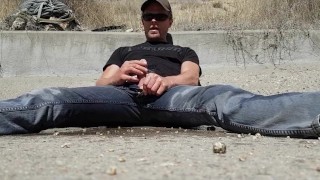 Public outdoor pissing in jeans and a self golden shower