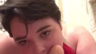 cute young femboy throats his dildo