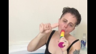 Pre-op trans man dildo spit roast in tub