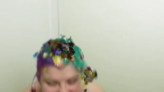 Chubby Girl Rubs Down in Oil & Confetti