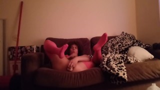 Pink Sissy slut takes dildo and strokes