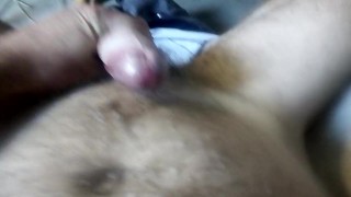 Blown a big load on my hairy belly, got a bit horny in the shed 