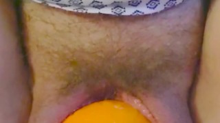 Birthing huge orange with a pretty gape