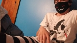 femboy twink in thighhighs teases and shoots cum on tummy