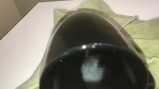 cum shot into a black coffee cup (Failed Slowmo)
