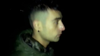 Night outdoor walking with face covered by cum and cum tasting (full vid)