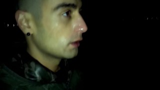 Outdoor night walking with face covered by cum and cum tasting