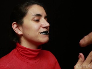 CFNM - Red turtleneck, Black lips - Handjob + Cum mouthful + Cum on clothes