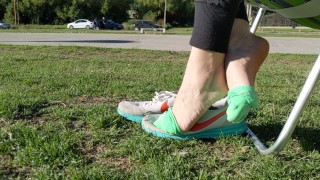 Shoeplay with sneakers at the park -- Preparing smelly socks for shipping