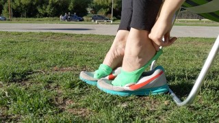 Shoeplay with sneakers at the park -- Preparing smelly socks for shipping