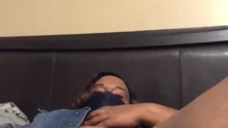 Lonely ebony fucks her big black dildo