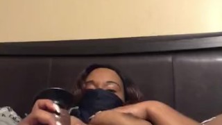 Lonely ebony fucks her big black dildo