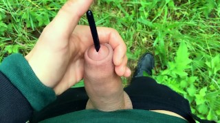 Bad boy´s cock sounding outdoor - visible movements inside urethra