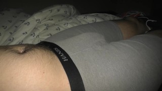 precum orgasm in bed, finishing in briefs