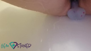 Gem Stoned~ Brown eyed beauty plays with dildo in shower.
