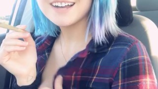 Smoking Joint + Bouncing Tits in Public Parking Lot