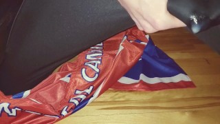 Cumming through Adidas track pants