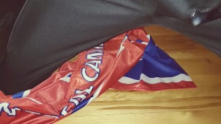 Cumming through Adidas track pants