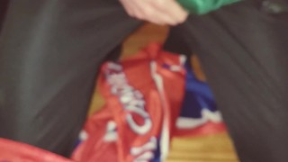 Cumming through Adidas track pants