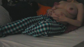 Preggo woman loves to masturbate and orgasm near her husband in bed