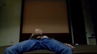 Very horny guy in jeans jerking off his cock