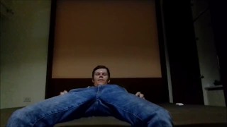 Very horny guy in jeans jerking off his cock
