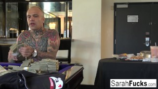 Car Jacker Sarah Jessie follows the guy to the Hotel room to fuck him!