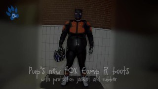 RubberBikerPup with new FOX Comp R boots and protective gear