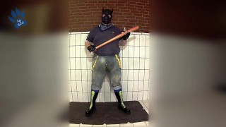 Skinpup riding baseball bat