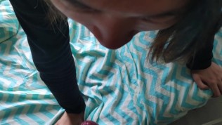 Cute asian babe sucks her BF's white cock and takes a facial POV