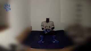 Rufus pawing off in Football Gear