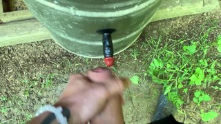 Perv farmer boy sucks and rides black dildo outdoor