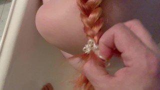 SHAMPOO HAIRJOB: Jerk Off Cock with my Wet Ginger Hair | Big Tits Redhead